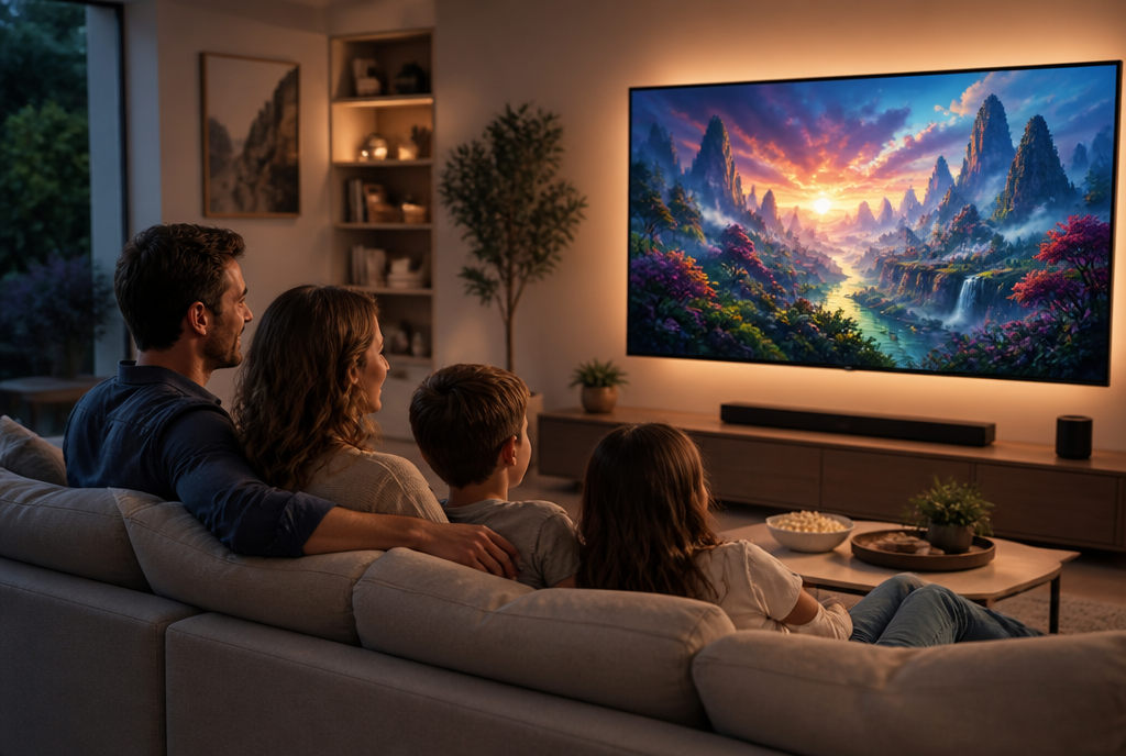 Familie schaut gemeinsam einen Film über IPTV Anbieter HD