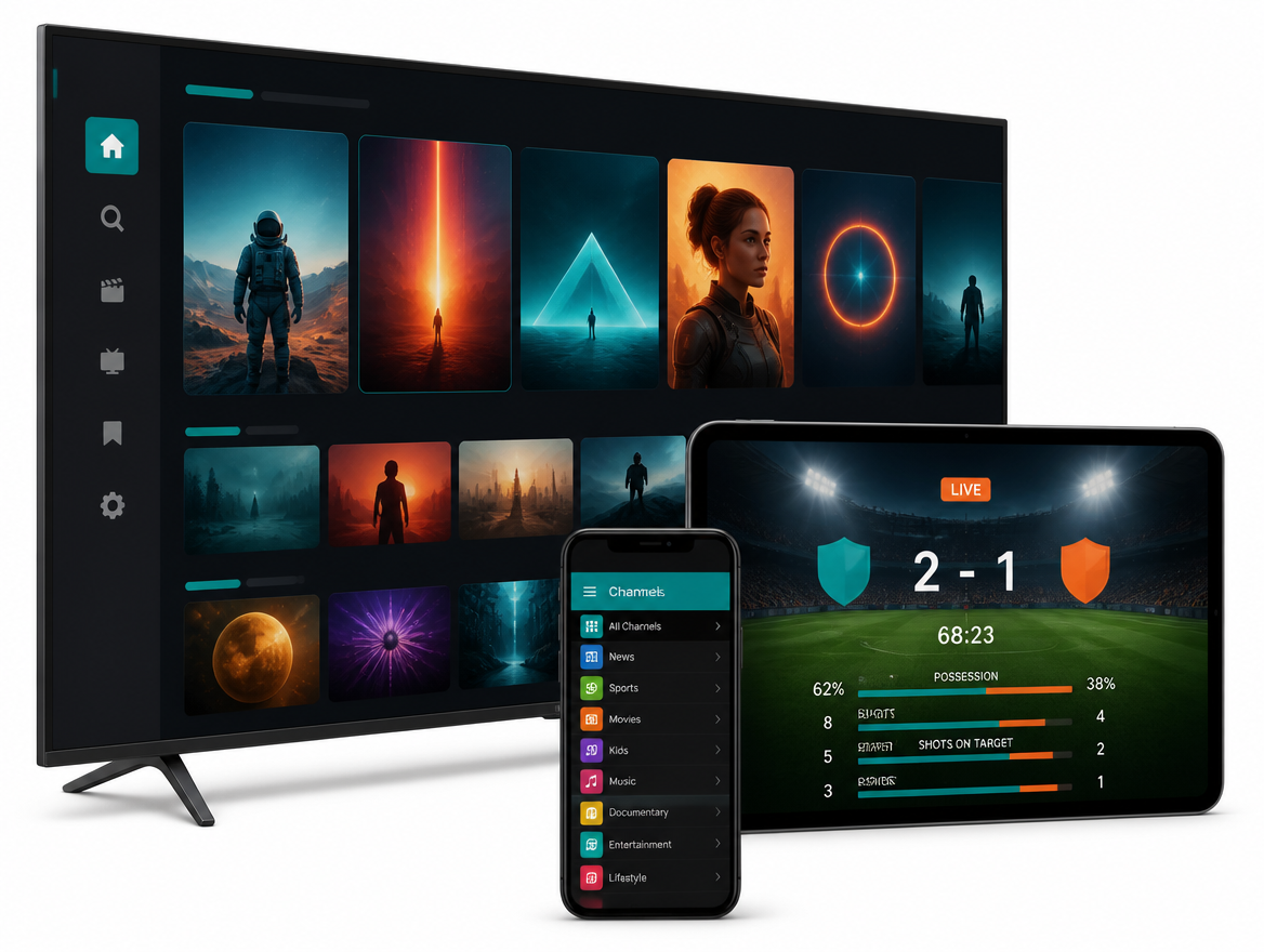 Smart TV, Tablet und Smartphone zeigen die Streaming-Oberfläche von IPTV Anbieter HD