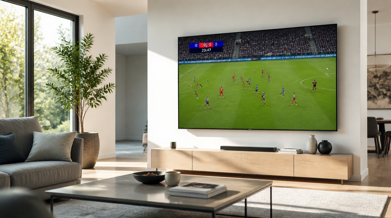 IPTV Anbieter für Deutschland – Live-Fußballübertragung auf einem Smart TV im hellen Wohnzimmer