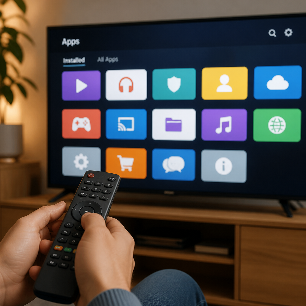 Hände mit Fernbedienung richten die IPTV Anbieter HD App auf dem Smart TV ein