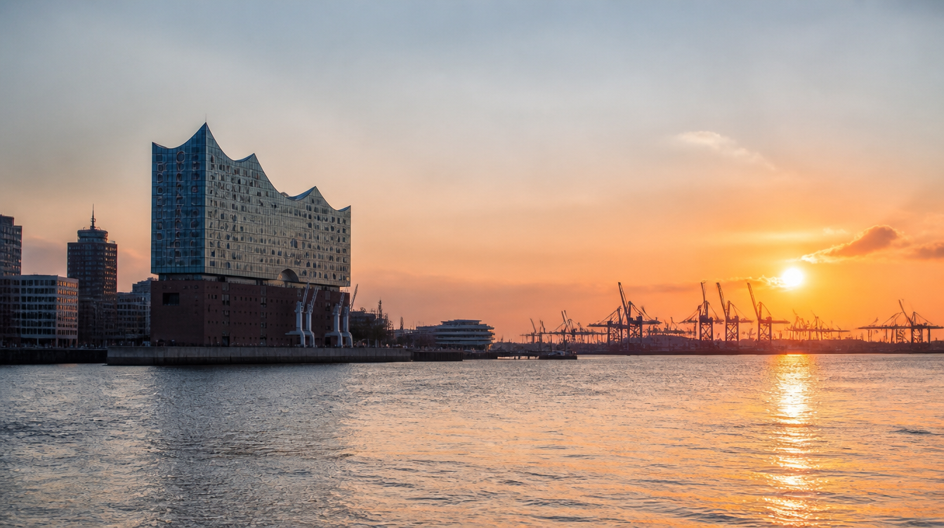 Hafen von Hamburg mit Elbphilharmonie bei Sonnenuntergang