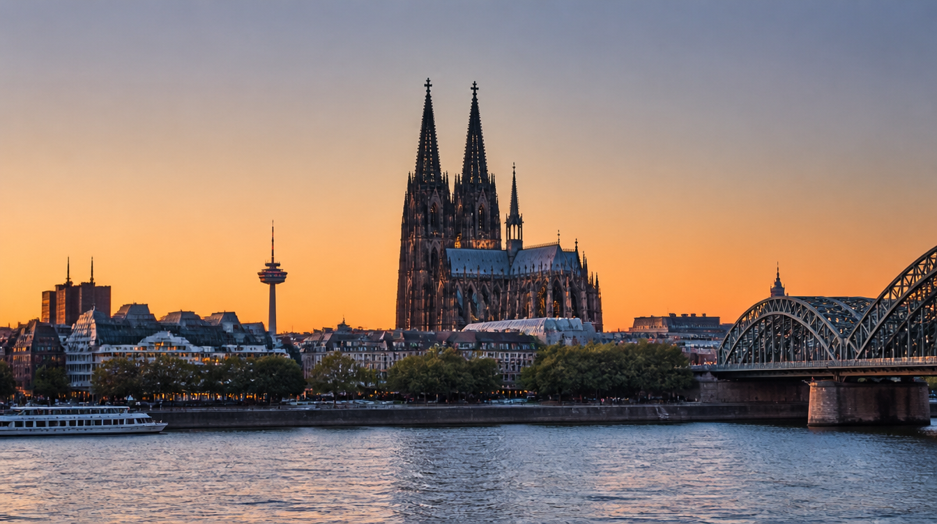 Kölner Dom über dem Rhein bei Sonnenuntergang